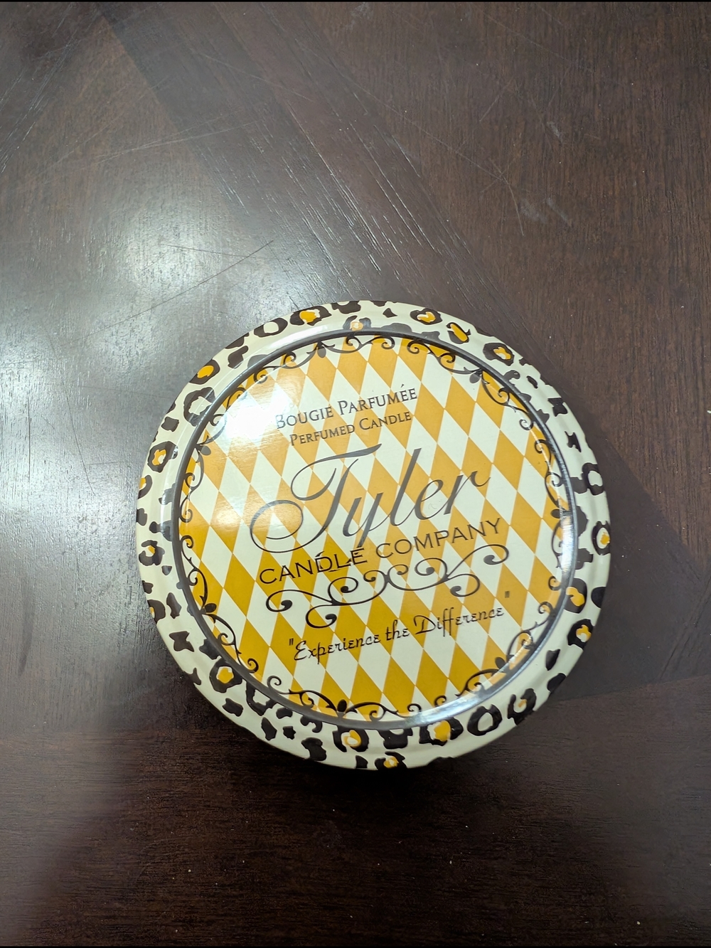 Tyler Candle Company Leopard-Trimmed Tin Candle — Yellow & White